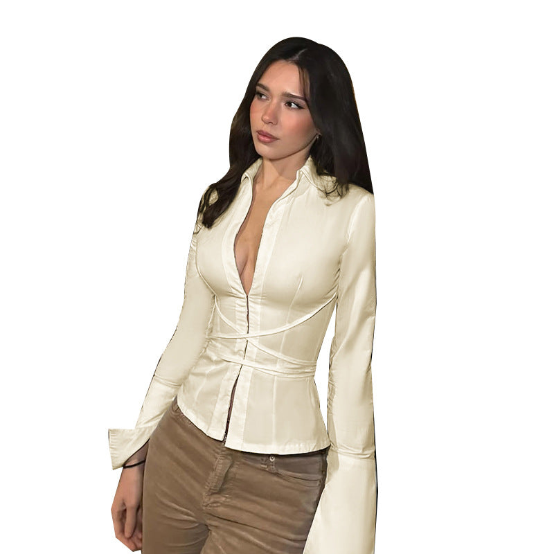 Strap slim fit long sleeved solid color versatile top for slimming