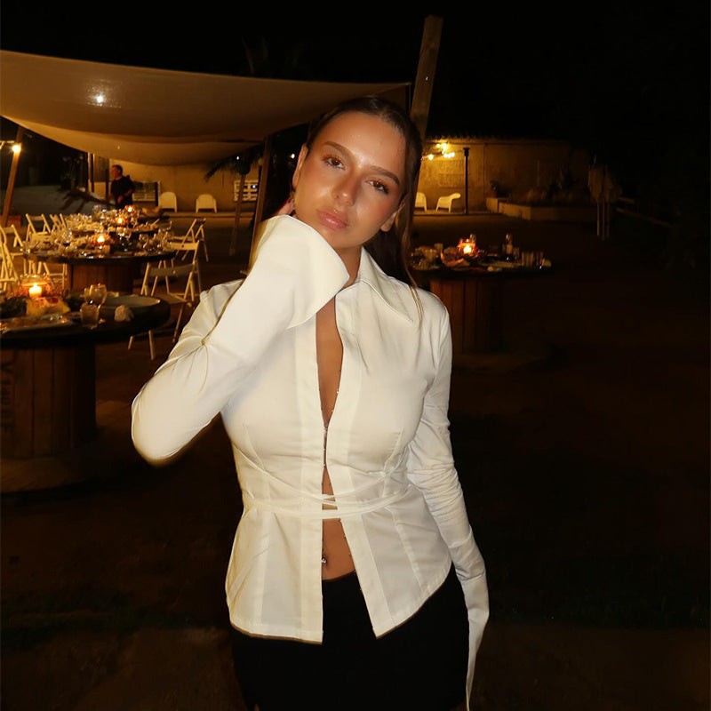 Strap slim fit long sleeved solid color versatile top for slimming