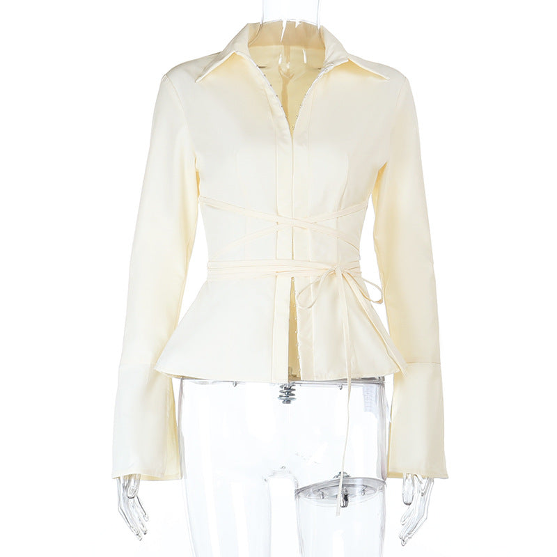 Strap slim fit long sleeved solid color versatile top for slimming